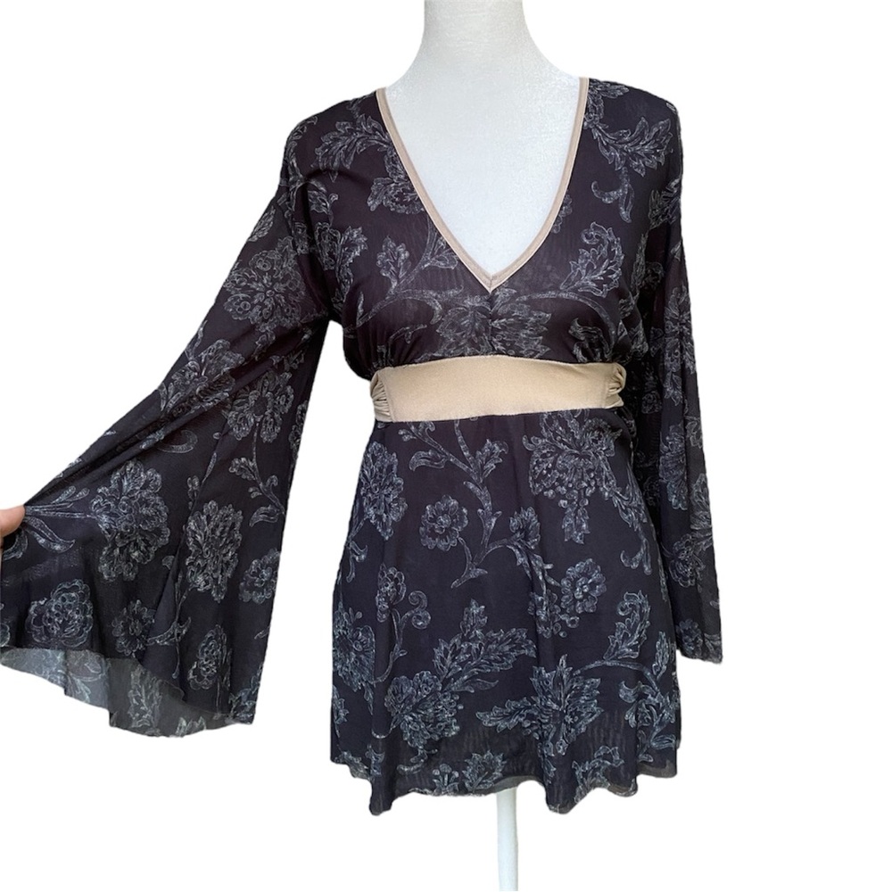 Sweet Pea by Stacy Frati Y2K Mesh Floral Bell Sleeve Top